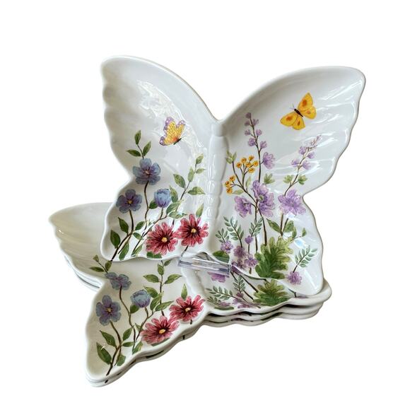 MAXCERA Spring Floral Butterfly Shaped Ceramic Dinner Plates 11x9 Set of 4 New - Picture 15 of 16